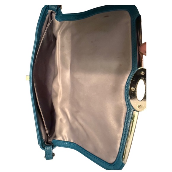 Coach Turnlock Chain Strap Shoulder Bag | Teal Pebbled Leather Crossbody Clutch - Picture 3 of 6